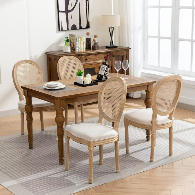 French Dining Chairs Set of 4 Rattan Farmhouse Linen Fabric Upholstered Dining Room Chairs with Round Backrest and Solid Wood Frame Oval Side Chairs