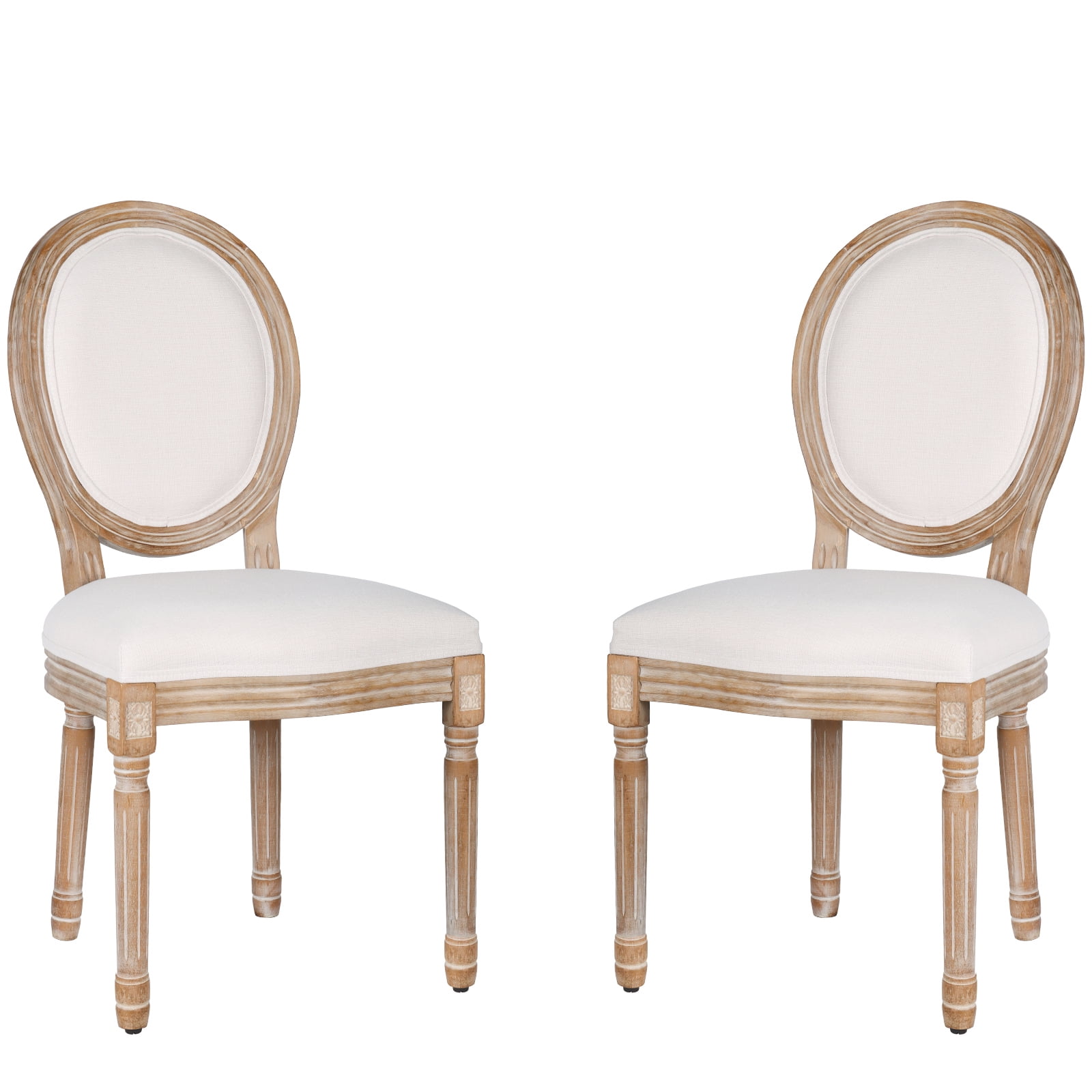 French Dining Chairs Set of 2 Beige Natural Fabric Round Back with Solid Wood Legs and Frame for Bedroom Dining Room Kitchen