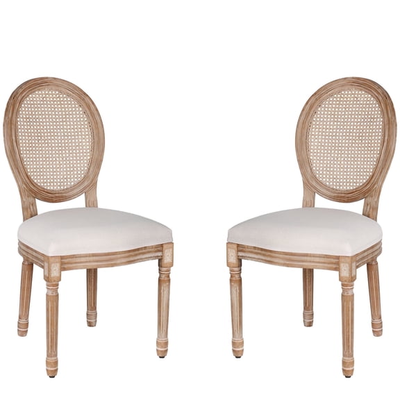 French Dining Chairs Set of 2 Beige Natural Fabric Round Back with Solid Wood Legs and Frame for Bedroom Dining Room Kitchen
