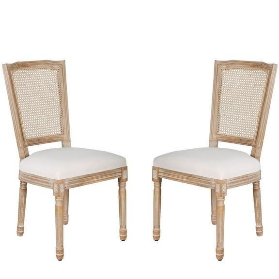 French Dining Chairs Set of 2 Beige Natural Fabric Square Back with Solid Wood Legs and Frame for Bedroom Dining Room Kitchen