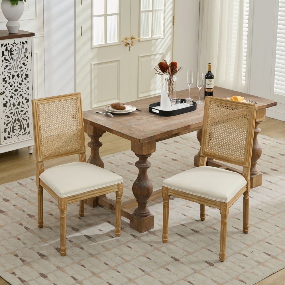 French Dining Chairs Set of 2, Louis Style Chairs with Square Rattan Backrest, Carved Solid Wood Frame, Linen Upholstered Seat, Beige