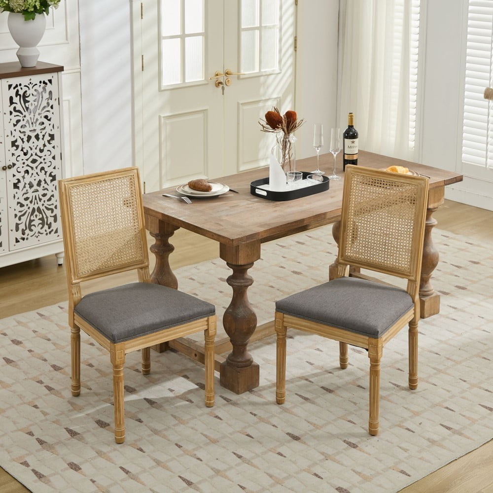 French Dining Chairs Set of 2, Louis Style Chairs with Square Rattan Backrest, Carved Solid Wood Frame, Linen Upholstered Seat, Gray