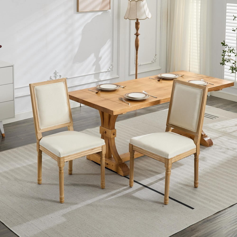 French Dining Chairs Set of 2, Louis Style Upholstered Chairs with Square Backrest, Carved Solid Wood Frame, Linen Fabric, Beige