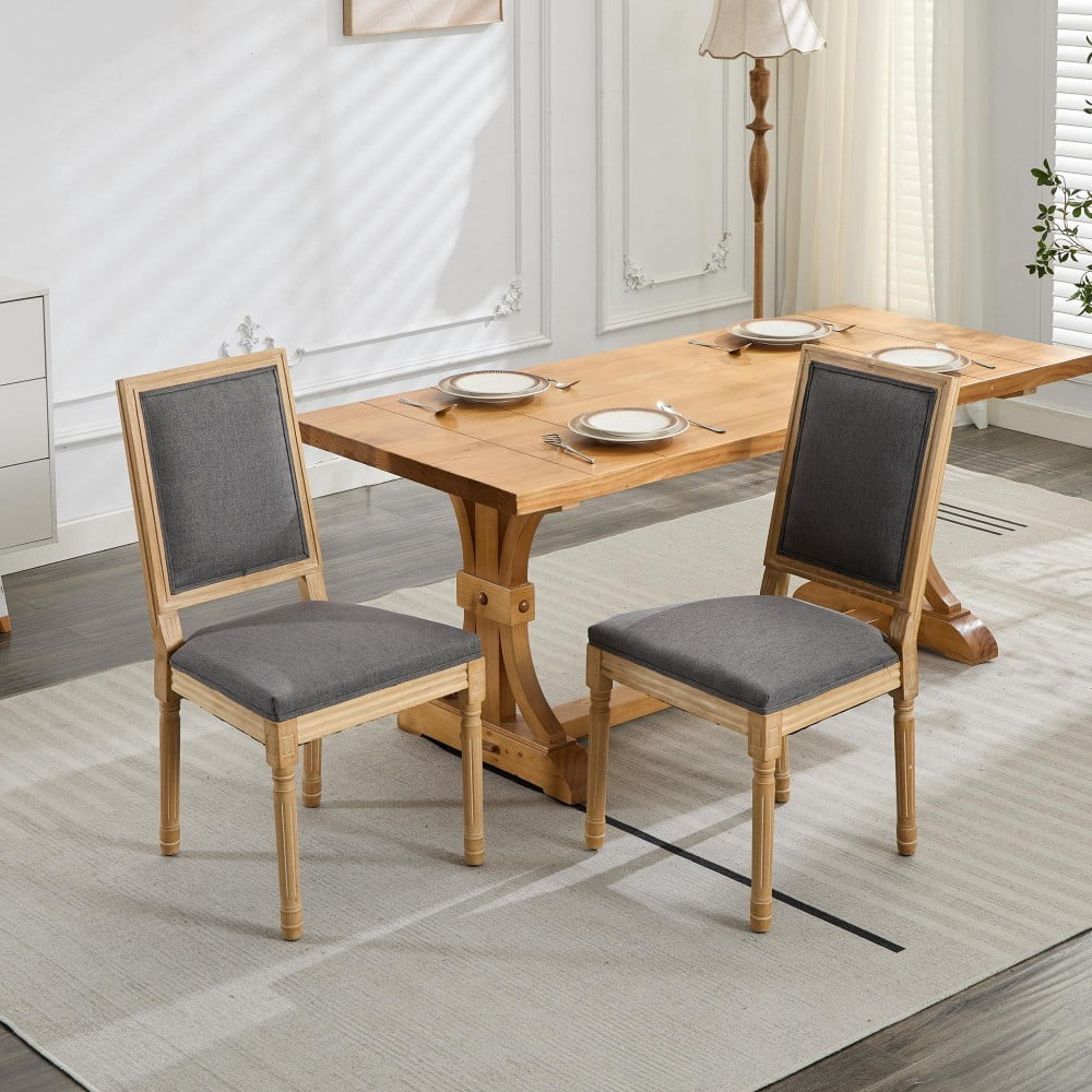 French Dining Chairs Set of 2, Louis Style Upholstered Chairs with Square Backrest, Carved Solid Wood Frame, Linen Fabric, Gray