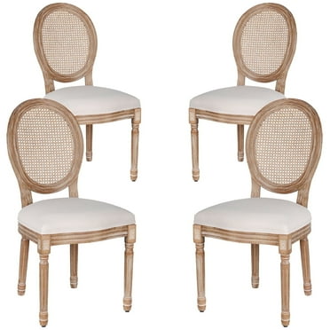French Dining Chairs Set of 4 Beige Natural Fabric Round Back with Solid Wood Legs and Frame for Bedroom Dining Room Kitchen