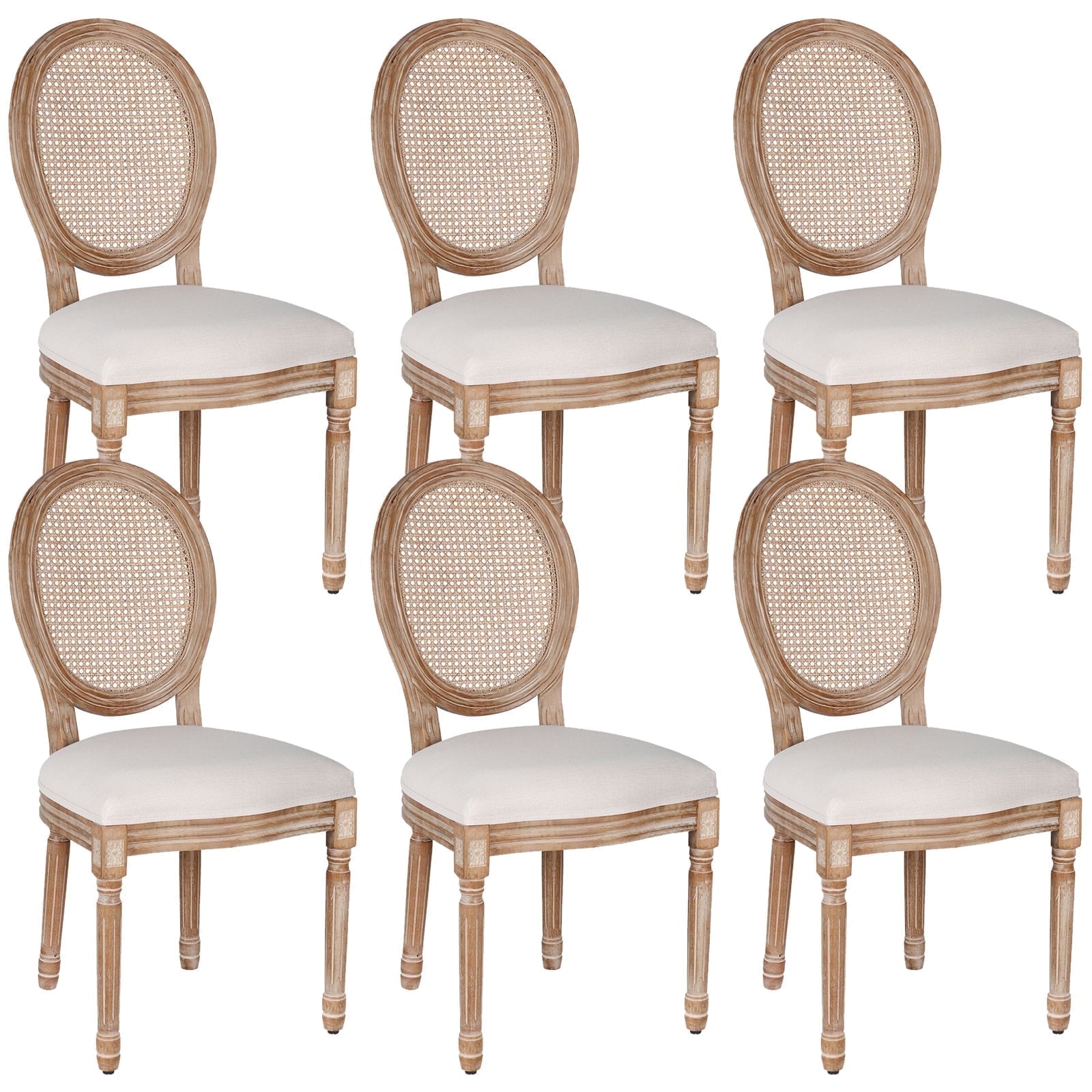 French Dining Chairs Set of 6 Beige Natural Fabric Round Back with Solid Wood Legs and Frame for Bedroom Dining Room Kitchen