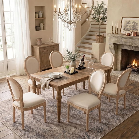 French Dining Chairs Set of 6, Vantage Linen Dining Chair with Round Back, Farmhouse Country Dining Chair for Living Room,Kitchen,Bedroom,Beige