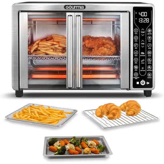 French Door Air Fryer 25 Qt Large Capacity Convection Oven, Fryfroce 360, Digital Display with 17 Cooking Presets, Bake, Toast, Roast, Dehydrate, Fits 12 Pizza