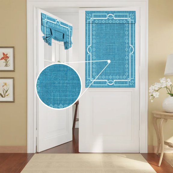 French Door Curtain Azure Linen Border Front Door Curtain Thermal Insulated Shades Privacy Tie Up Window Curtains for Glass Floral Lines Frame Curtains for French Doors Entry Back Kitchen 26x42 Inch