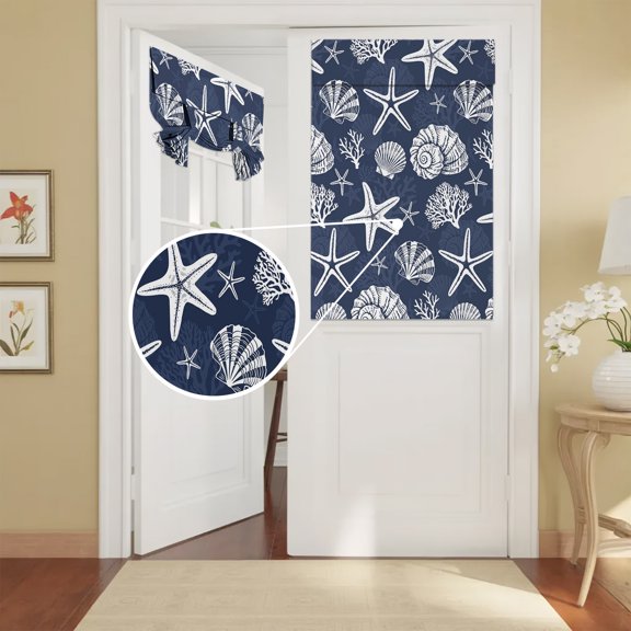 French Door Curtain Coastal Starfish Shell Conch Front Door Curtain Thermal Insulated Shades Privacy Tie Up Window Curtains for Glass Navy Blue Marine Life Curtains for Entry Back Kitchen 26x42 Inch