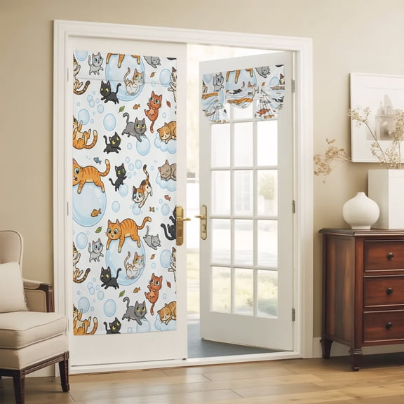 French Door Curtain Cute Cat Bubble Front Door Curtain Thermal Insulated Shades Privacy Tie Up Window Curtains for Glass Playing Catty Fish Curtains for French Doors Entry Back Kitchen 26x70 Inch