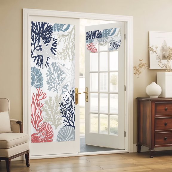 French Door Curtain Ocean Coral Starfish Front Door Curtain Thermal Insulated Shades Privacy Tie Up Window Curtains for Glass Navy Blue Coastal Shell Conch Curtains for Entry Back Kitchen 26x70 Inch