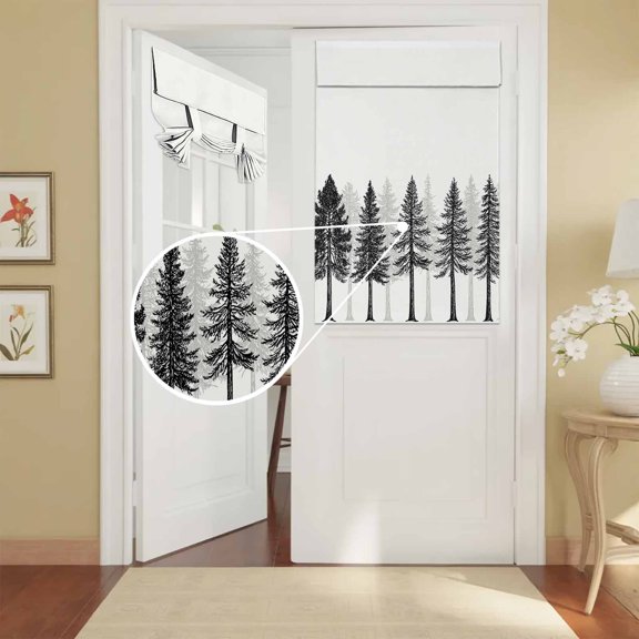 French Door Curtain Pine Tree Forest Front Door Curtain Thermal Insulated Shades Privacy Tie Up Window Curtains for Glass Black Woodland Landscape Curtains for Entry Back Kitchen 26x42 Inch