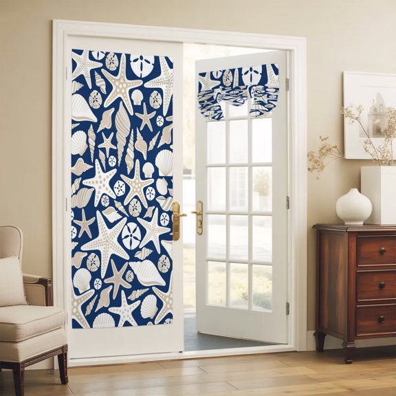 French Door Curtain Shell Starfish Front Door Curtain Thermal Insulated Shades Privacy Tie Up Window Curtains for Glass Ocean Conch Beach Navy Blue Curtains for Entry Back Kitchen 26x70 Inch