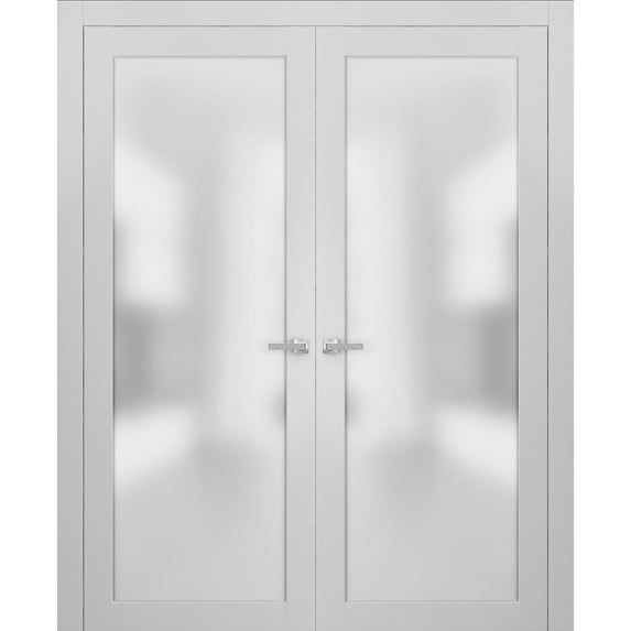 French Double Frosted Glass Doors 56 x 84 | Planum 2102 White Silk | Frames Trims Satin Nickel Hardware | Bedroom Bathroom Solid Core Wooded Panels with Opaque Inserts