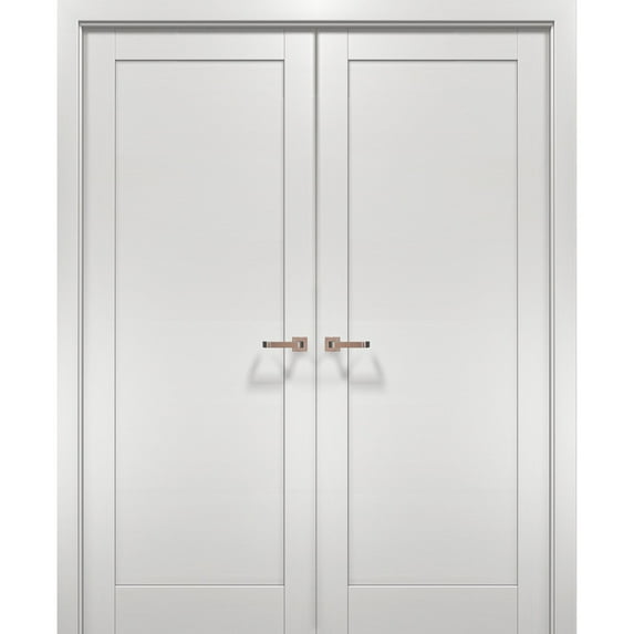 French Double Interior Doors 64 x 80 with Hardware | Quadro 4111 White Ash | Pre-hung Panel Frame Trims | Bathroom Bedroom Interior Sturdy Door