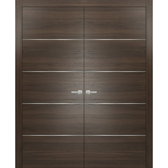 French Double Interior Doors with Hardware | Planum 0020 Chocolate Ash | Panel Frame Trims | Bathroom Bedroom Interior Sturdy Door-36" x 84" (2* 18x84)