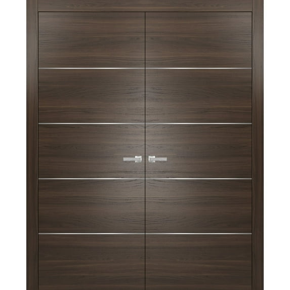 French Double Interior Doors with Hardware | Planum 0020 Chocolate Ash | Panel Frame Trims | Bathroom Bedroom Interior Sturdy Door-64" x 80" (2* 32x80)