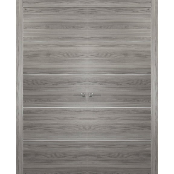 French Double Interior Doors with Hardware | Planum 0020 Ginger Ash | Panel Frame Trims | Bathroom Bedroom Interior Sturdy Door-36" x 96" (2* 18x96)
