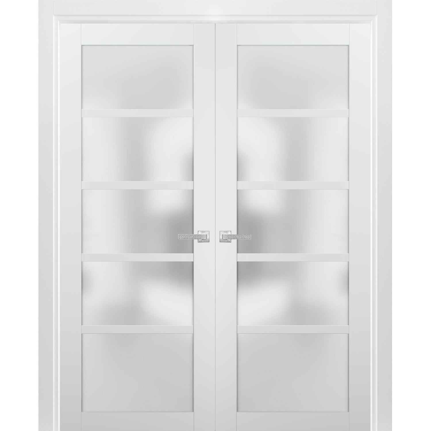 French Double Panel Lite Doors 48 x 80 with Hardware | Quadro 4002 White Silk with Frosted Opaque Glass | Panel Frame Trims | Bathroom Bedroom Interior Sturdy Door