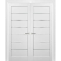 French Double Panel Lite Doors 48 x 80 with Hardware | Quadro 4117 White Silk with Frosted Opaque Glass | Panel Frame Trims | Bathroom Bedroom Interior Sturdy Door
