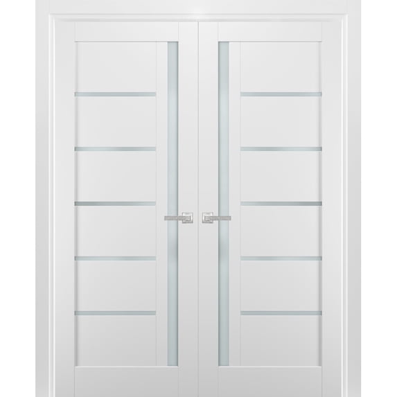 French Double Panel Lite Doors 48 x 96 with Hardware | Quadro 4088 White Silk with Frosted Opaque Glass | Panel Frame Trims | Bathroom Bedroom Interior Sturdy Door