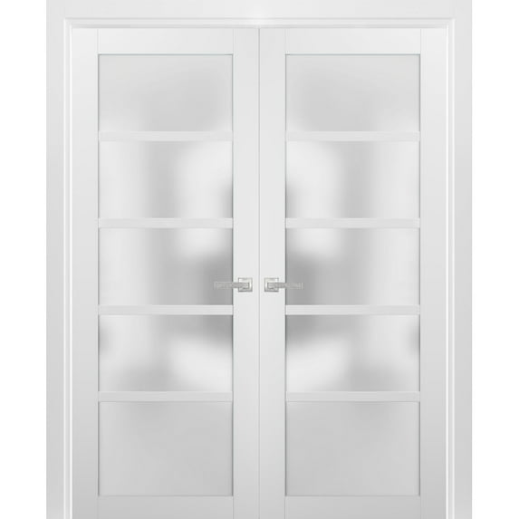French Double Panel Lite Doors 56 x 80 with Hardware | Quadro 4002 White Silk with Frosted Opaque Glass | Panel Frame Trims | Bathroom Bedroom Interior Sturdy Door