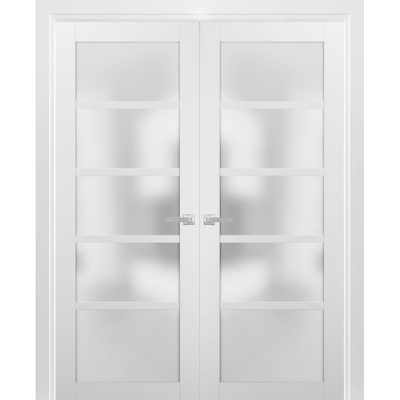 French Double Panel Lite Doors 60 x 80 with Hardware | Quadro 4002 White Silk with Frosted Opaque Glass | Panel Frame Trims | Bathroom Bedroom Interior Sturdy Door