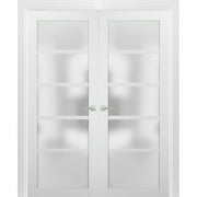 French Double Panel Lite Doors 64 x 80 with Hardware | Quadro 4002 White Silk with Frosted Opaque Glass | Panel Frame Trims | Bathroom Bedroom Interior Sturdy Door