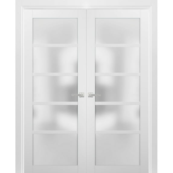 French Double Panel Lite Doors 64 x 80 with Hardware | Quadro 4002 White Silk with Frosted Opaque Glass | Panel Frame Trims | Bathroom Bedroom Interior Sturdy Door