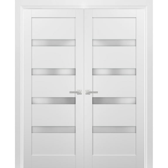 French Double Panel Lite Doors 64 x 80 with Hardware | Quadro 4113 White Silk with Frosted Opaque Glass | Panel Frame Trims | Bathroom Bedroom Interior Sturdy Door