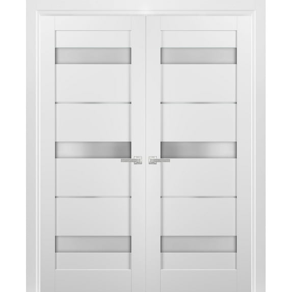 French Double Panel Lite Doors 64 x 84 with Hardware | Quadro 4055 White Silk with Frosted Opaque Glass | Panel Frame Trims | Bathroom Bedroom Interior Sturdy Door