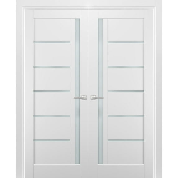 French Double Panel Lite Doors 64 x 84 with Hardware | Quadro 4088 White Silk with Frosted Opaque Glass | Panel Frame Trims | Bathroom Bedroom Interior Sturdy Door