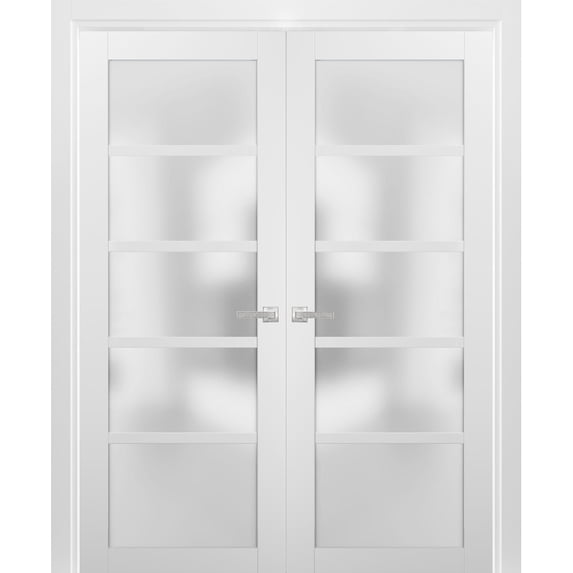 French Double Panel Lite Doors 64 x 96 with Hardware | Quadro 4002 White Silk with Frosted Opaque Glass | Panel Frame Trims | Bathroom Bedroom Interior Sturdy Door