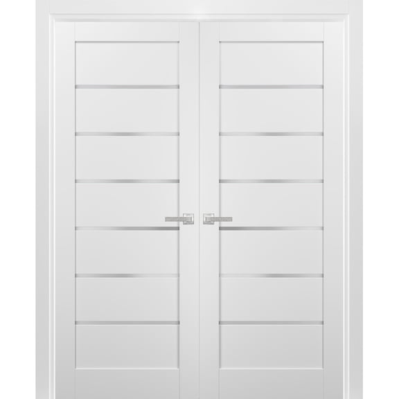 French Double Panel Lite Doors 72 x 80 with Hardware | Quadro 4117 White Silk with Frosted Opaque Glass | Panel Frame Trims | Bathroom Bedroom Interior Sturdy Door