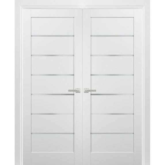 French Double Panel Lite Doors 84 x 84 with Hardware | Quadro 4117 White Silk with Frosted Opaque Glass | Panel Frame Trims | Bathroom Bedroom Interior Sturdy Door