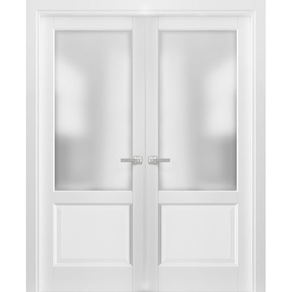 French Double Panel Lite Doors with Hardware | Lucia 22 White Silk with Frosted Opaque Glass | Panel Frame Trims | Bathroom Bedroom Interior Sturdy Door-36" x 84" (2* 18x84)