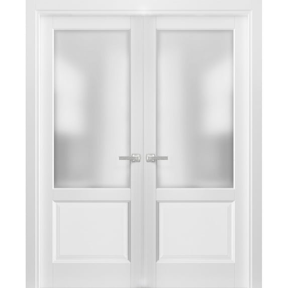 French Double Panel Lite Doors with Hardware | Lucia 22 White Silk with Frosted Opaque Glass | Panel Frame Trims | Bathroom Bedroom Interior Sturdy Door-84" x 96" (2* 42x96)