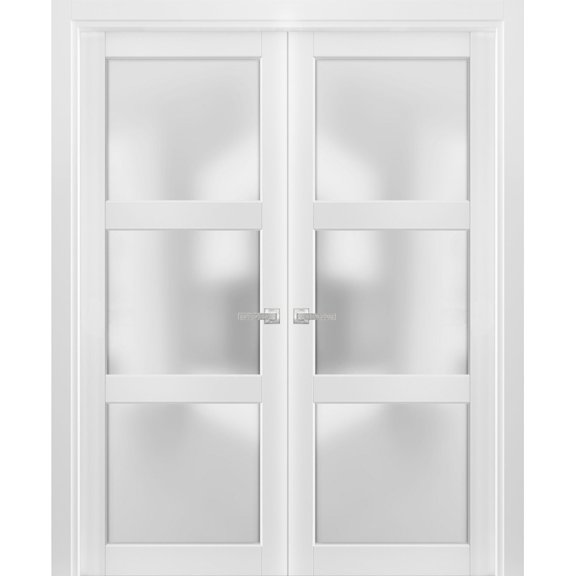 French Double Panel Lite Doors with Hardware | Lucia 2552 White Silk with Opaque Glass | Panel Frame Trims | Bathroom Bedroom Interior Sturdy Door