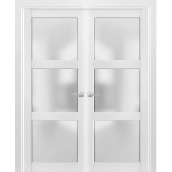 French Double Panel Lite Doors with Hardware | Lucia 2552 White Silk with Opaque Glass | Panel Frame Trims | Bathroom Bedroom Interior Sturdy Door