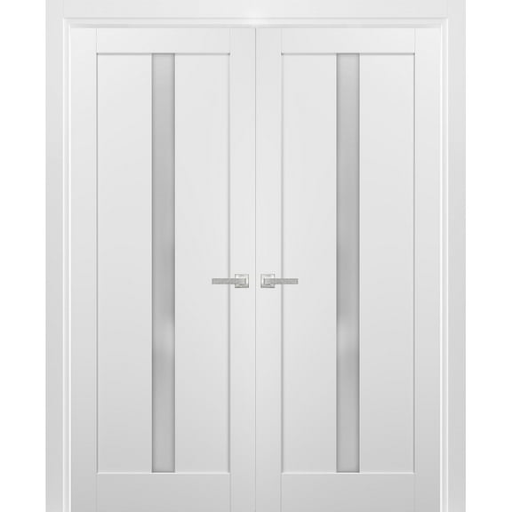 French Double Panel Lite Doors with Hardware | Quadro 4112 White Silk with Frosted Opaque Glass | Sample of Color