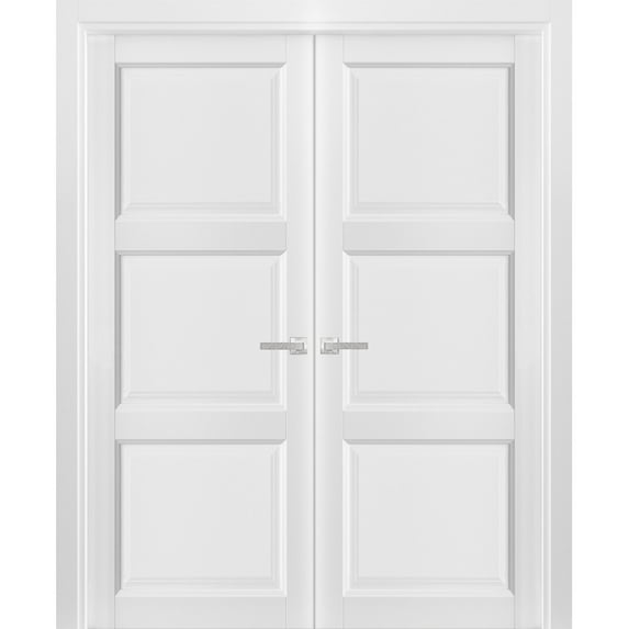 French Double Panel Solid Doors with Hardware | Lucia 2661 White Silk | Panel Frame Trims | Bathroom Bedroom Interior Sturdy Door -64" x 84" (2* 32x84)