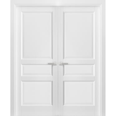 French Double Panel Solid Doors with Hardware | Lucia 31 White Silk | Panel Frame Trims | Bathroom Bedroom Interior Sturdy Door-36" x 84"