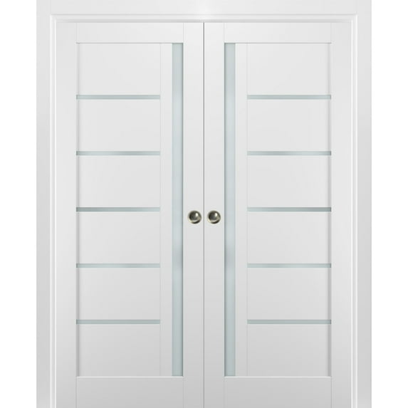 French Double Pocket Doors 36 x 84 with Frames | Quadro 4088 White Silk with Frosted Opaque Glass | Kit Trims Rail Hardware | Solid Wood Interior Pantry Kitchen Bedroom Sliding Closet Sturdy Door