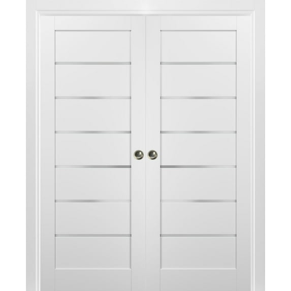 French Double Pocket Doors 36 x 84 with Frames | Quadro 4117 White Silk with Frosted Opaque Glass | Kit Trims Rail Hardware | Solid Wood Interior Pantry Kitchen Bedroom Sliding Closet Sturdy Door