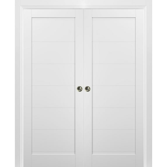 French Double Pocket Doors 36 x 96 with Frames | Quadro 4115 White Silk | Kit Trims Rail Hardware | Solid Wood Interior Pantry Kitchen Bedroom Sliding Closet Sturdy Door