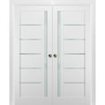 thumbnail image 1 of French Double Pocket Doors 48 x 80 with Frames | Quadro 4088 White Silk with Frosted Opaque Glass | Kit Trims Rail Hardware | Solid Wood Interior Pantry Kitchen Bedroom Sliding Closet Sturdy Door, 1 of 7