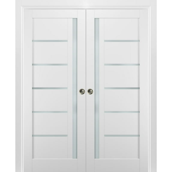 French Double Pocket Doors 48 x 80 with Frames | Quadro 4088 White Silk with Frosted Opaque Glass | Kit Trims Rail Hardware | Solid Wood Interior Pantry Kitchen Bedroom Sliding Closet Sturdy Door