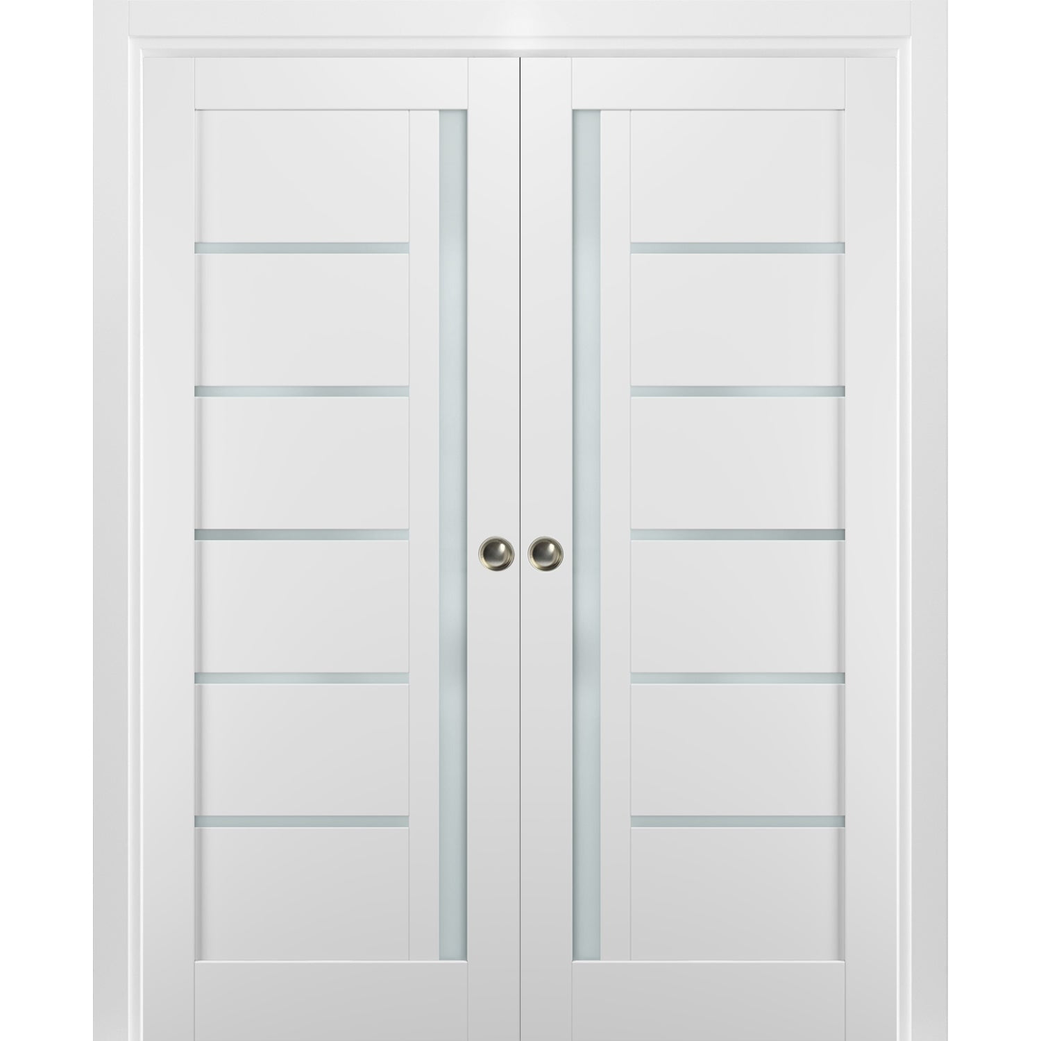 French Double Pocket Doors 48 x 80 with Frames | Quadro 4088 White Silk with Frosted Opaque Glass | Kit Trims Rail Hardware | Solid Wood Interior Pantry Kitchen Bedroom Sliding Closet Sturdy Door