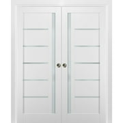 French Double Pocket Doors 48 x 80 with Frames | Quadro 4088 White Silk with Frosted Opaque Glass | Kit Trims Rail Hardware | Solid Wood Interior Pantry Kitchen Bedroom Sliding Closet Sturdy Door